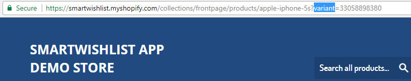 Variant parameter at the end of URL on a demo Shopify Store