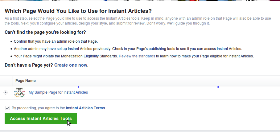 Instant Articles Signup Page`